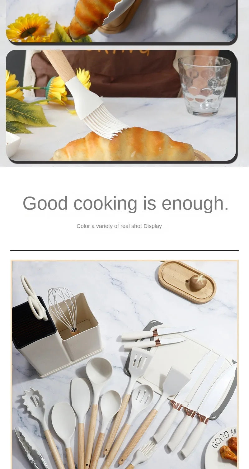 Silicone kitchenware set, 19-piece cooking wooden handle scoop, non-stick pan multi-functional integrated knife storage bucket