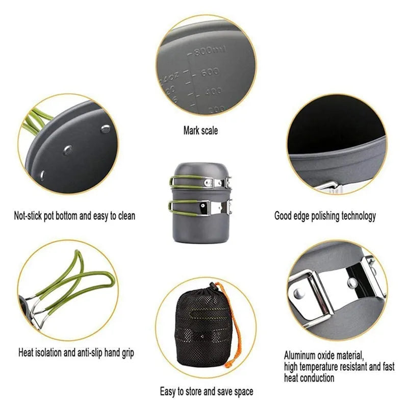 Camping Cookware Mess Kit Pot and Pan with Foldable Stainless Steel Cutlery Non-Stick Cooking Set for Traveling Hiking