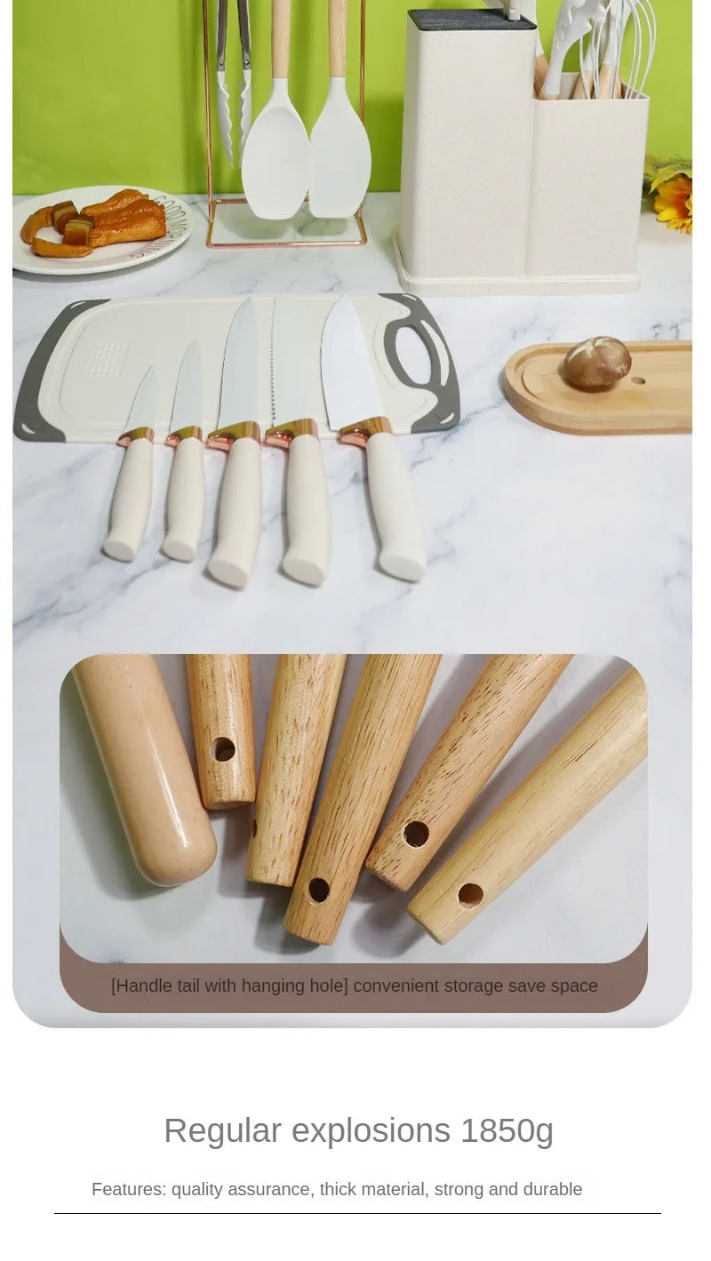 Silicone kitchenware set, 19-piece cooking wooden handle scoop, non-stick pan multi-functional integrated knife storage bucket