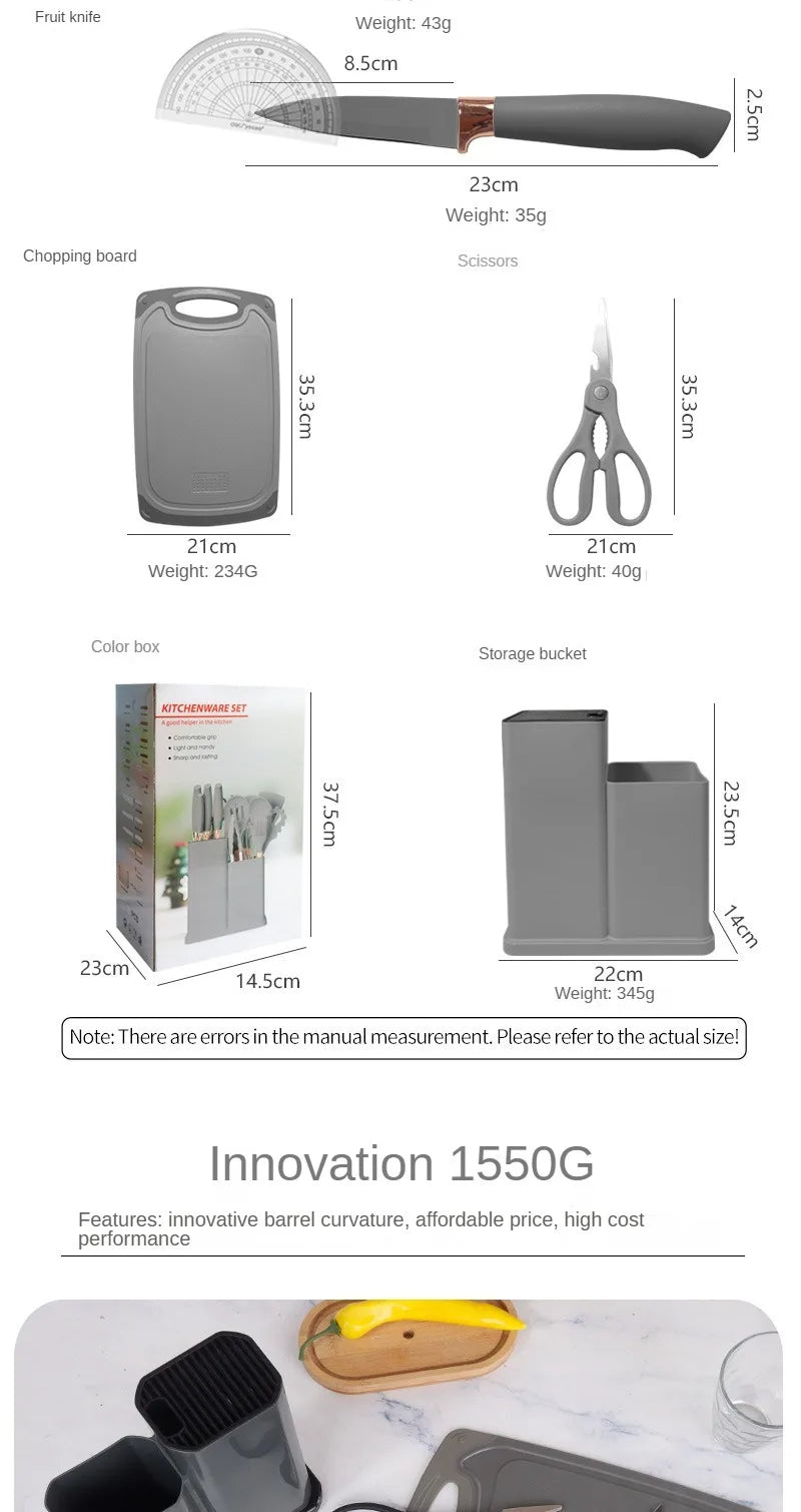 Silicone kitchenware set, 19-piece cooking wooden handle scoop, non-stick pan multi-functional integrated knife storage bucket