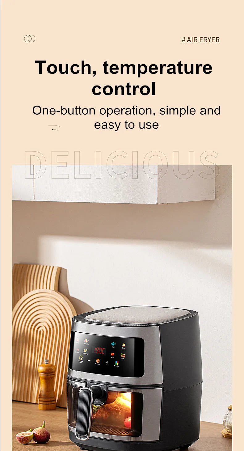 New 6L Stainless Steel Large-Capacity Air Fryer Household Visual Electric Oven Oil-Free Multifunctional Home Black White Green