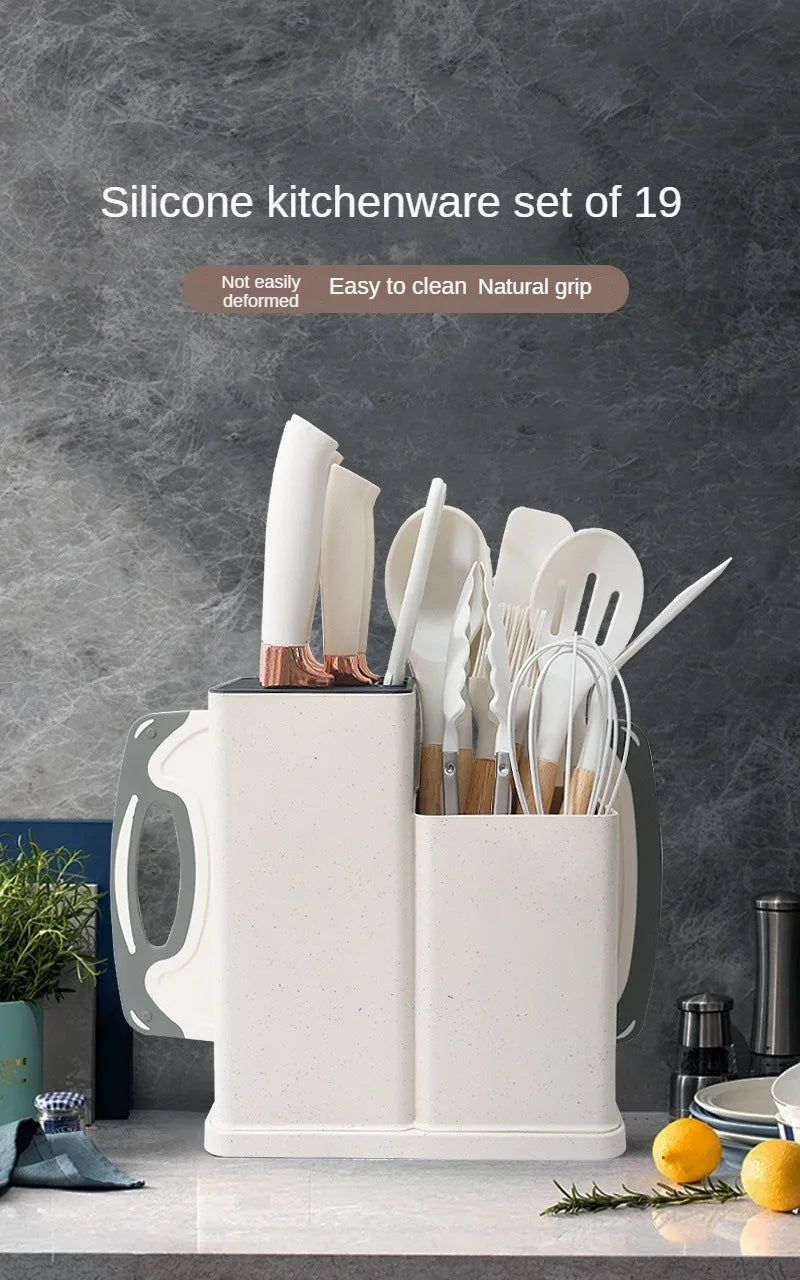 Silicone kitchenware set, 19-piece cooking wooden handle scoop, non-stick pan multi-functional integrated knife storage bucket