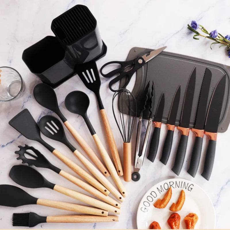 Silicone kitchenware set, 19-piece cooking wooden handle scoop, non-stick pan multi-functional integrated knife storage bucket