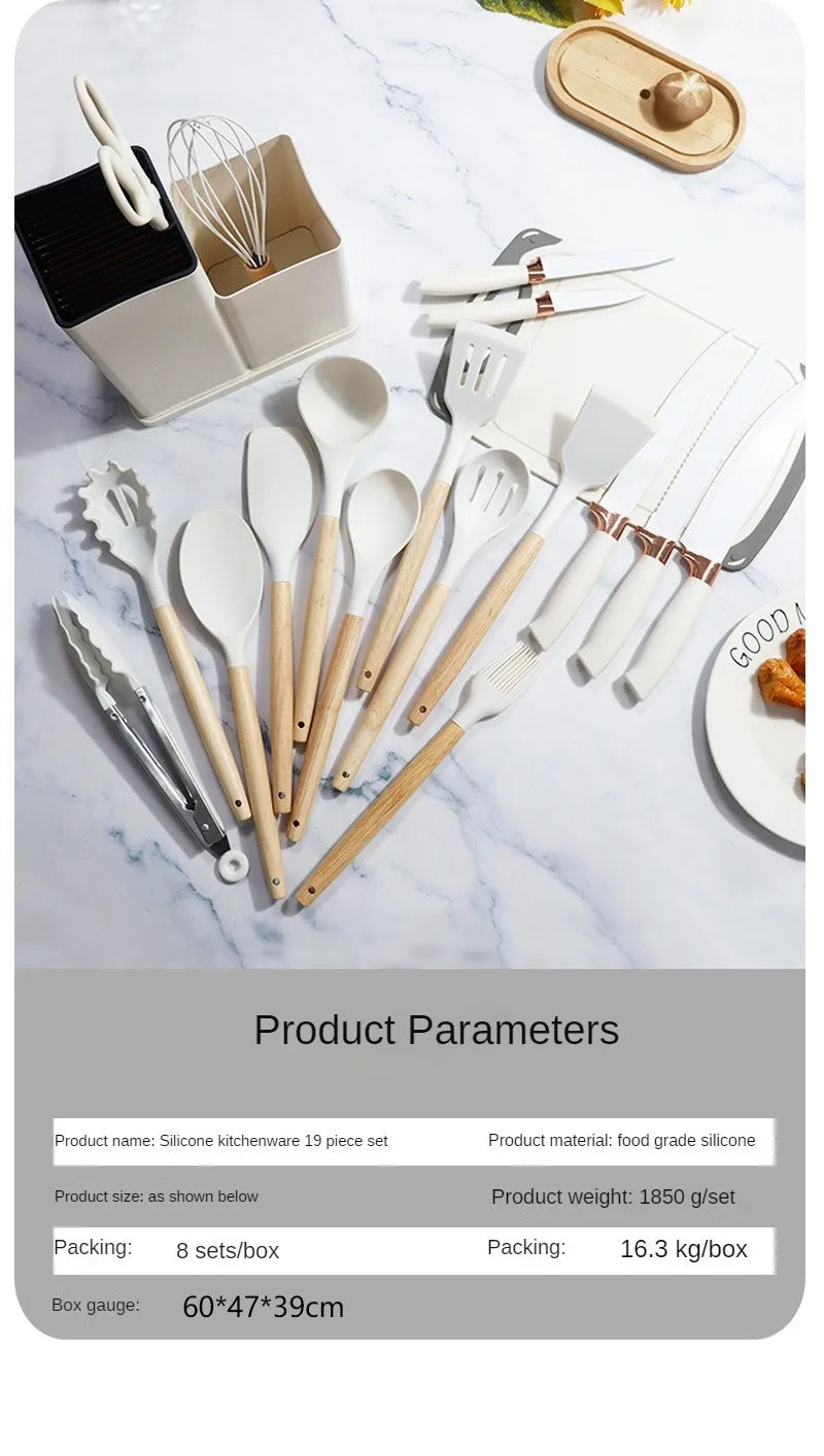 Silicone kitchenware set, 19-piece cooking wooden handle scoop, non-stick pan multi-functional integrated knife storage bucket