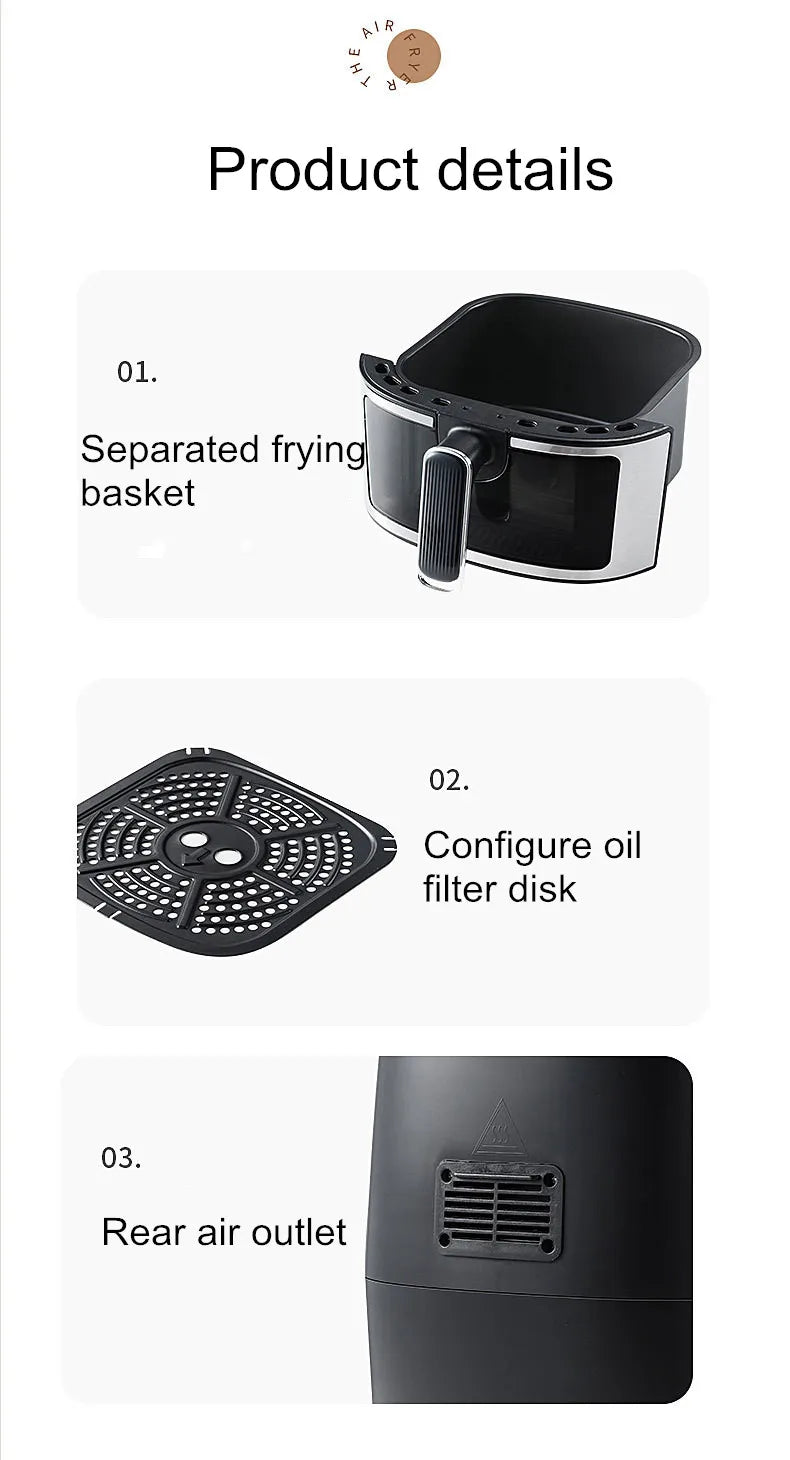 New 6L Stainless Steel Large-Capacity Air Fryer Household Visual Electric Oven Oil-Free Multifunctional Home Black White Green