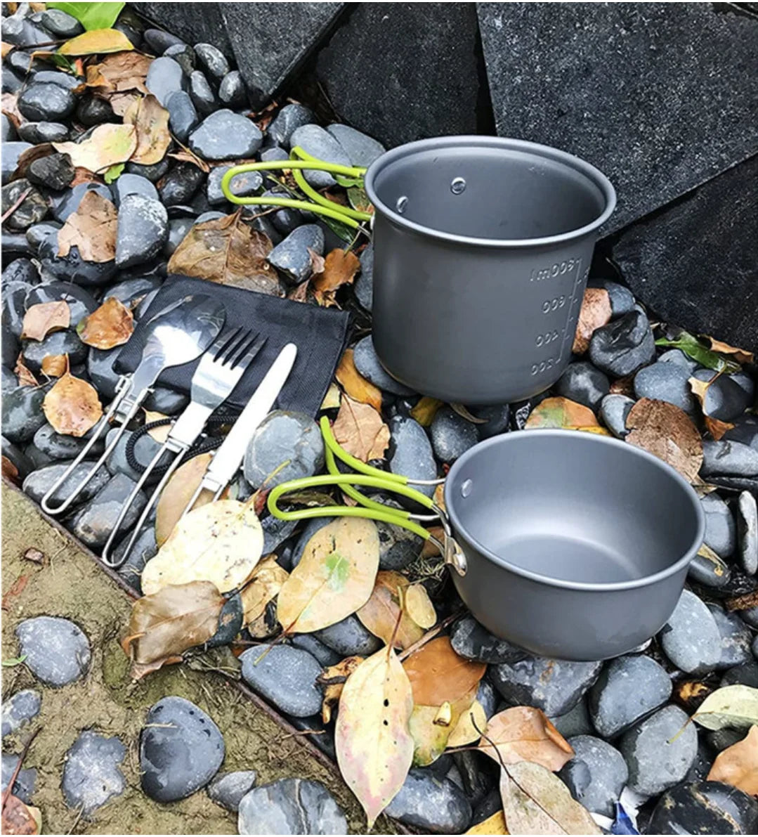 Camping Cookware Mess Kit Pot and Pan with Foldable Stainless Steel Cutlery Non-Stick Cooking Set for Traveling Hiking