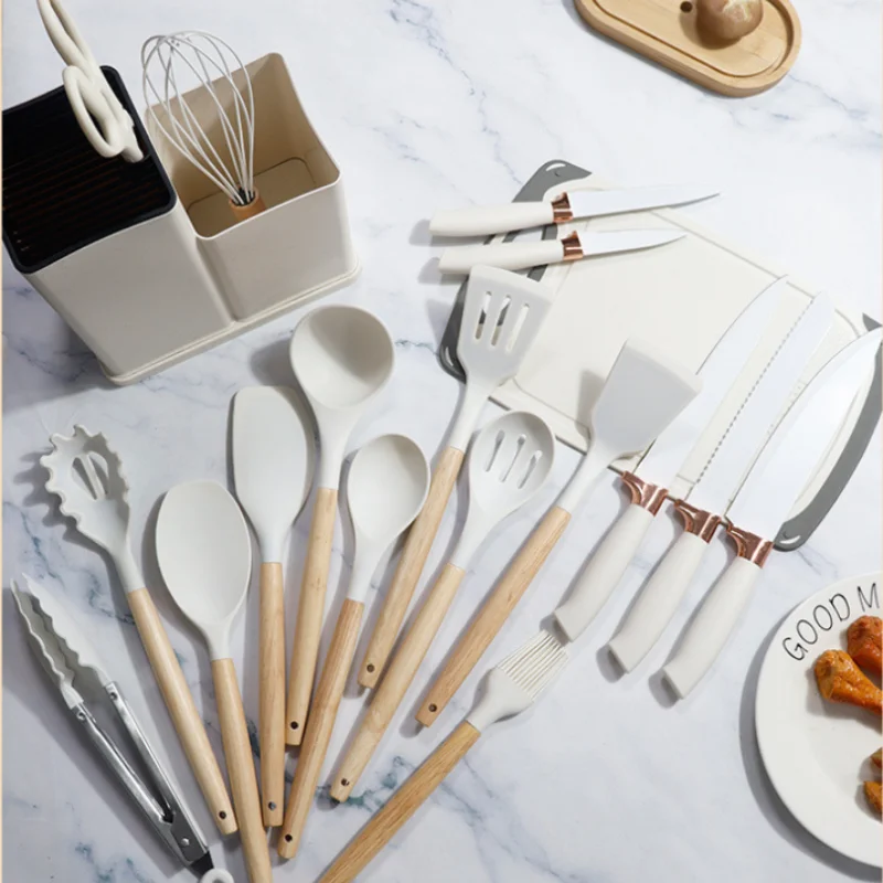 Silicone kitchenware set, 19-piece cooking wooden handle scoop, non-stick pan multi-functional integrated knife storage bucket