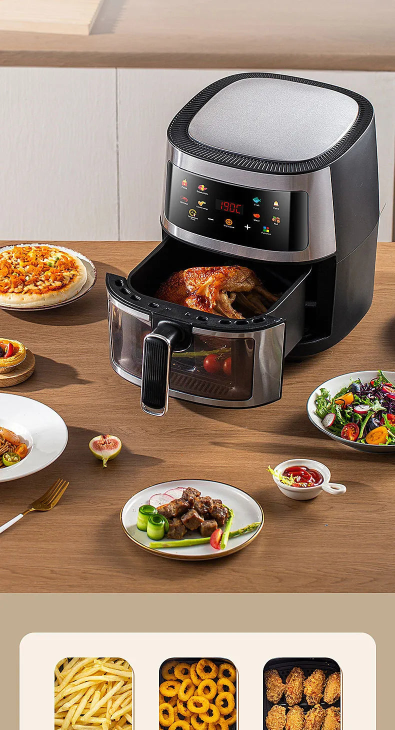 New 6L Stainless Steel Large-Capacity Air Fryer Household Visual Electric Oven Oil-Free Multifunctional Home Black White Green