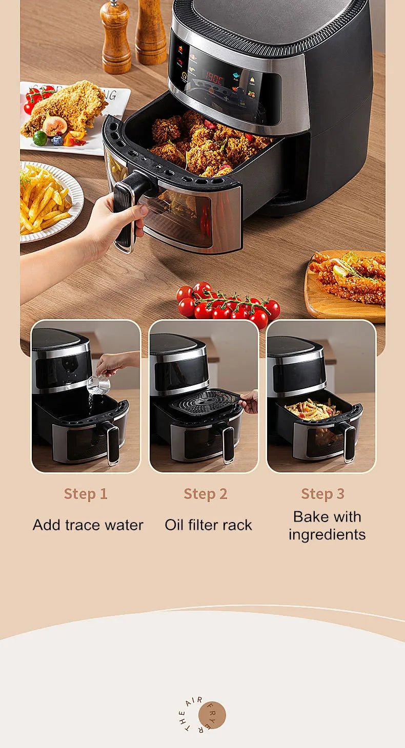 New 6L Stainless Steel Large-Capacity Air Fryer Household Visual Electric Oven Oil-Free Multifunctional Home Black White Green