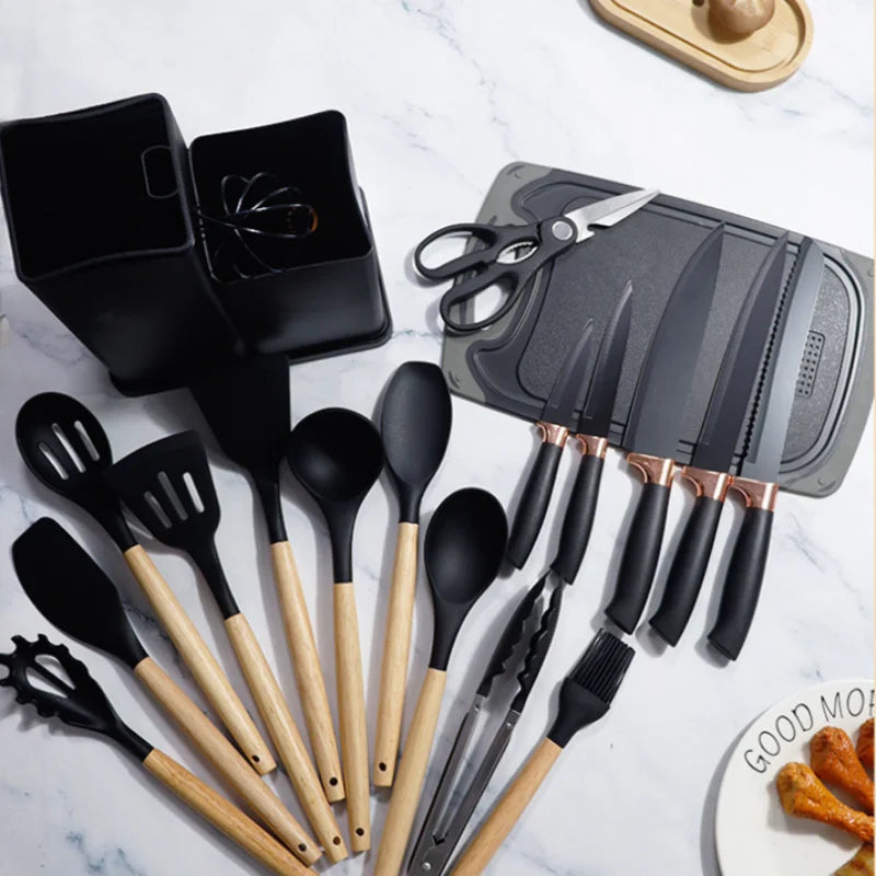 Silicone kitchenware set, 19-piece cooking wooden handle scoop, non-stick pan multi-functional integrated knife storage bucket