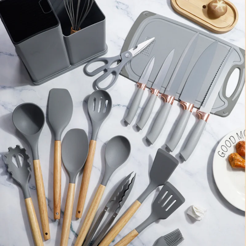 Silicone kitchenware set, 19-piece cooking wooden handle scoop, non-stick pan multi-functional integrated knife storage bucket