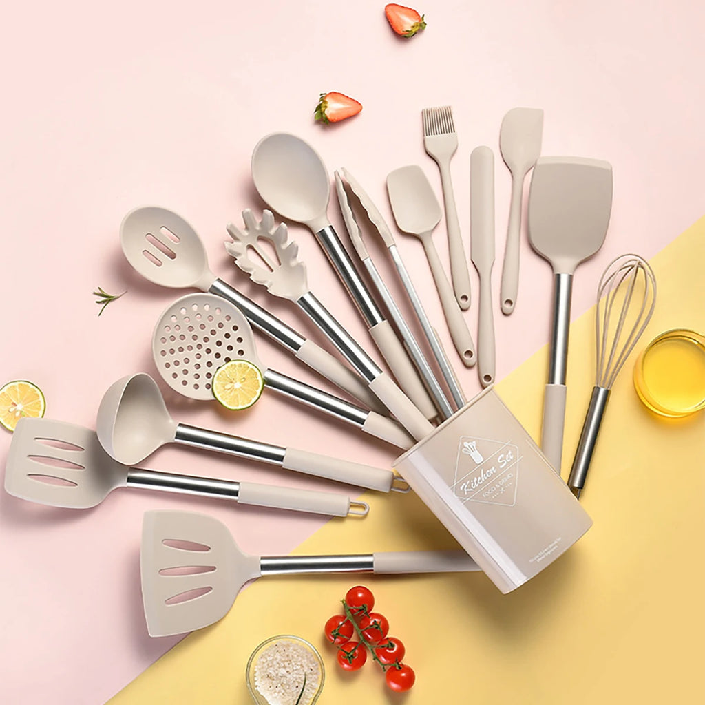15pcs Silicone Kitchenware Set Stainless Steel Handle Cooking Utensils Spatula Spoon Food Clip Kitchen Tool with Storage Bucket