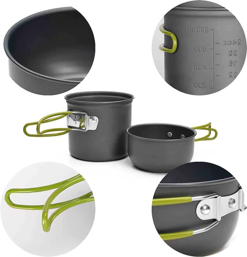 Camping Cookware Mess Kit Pot and Pan with Foldable Stainless Steel Cutlery Non-Stick Cooking Set for Traveling Hiking