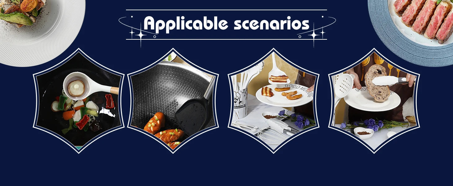 Silicone kitchenware set, 19-piece cooking wooden handle scoop, non-stick pan multi-functional integrated knife storage bucket