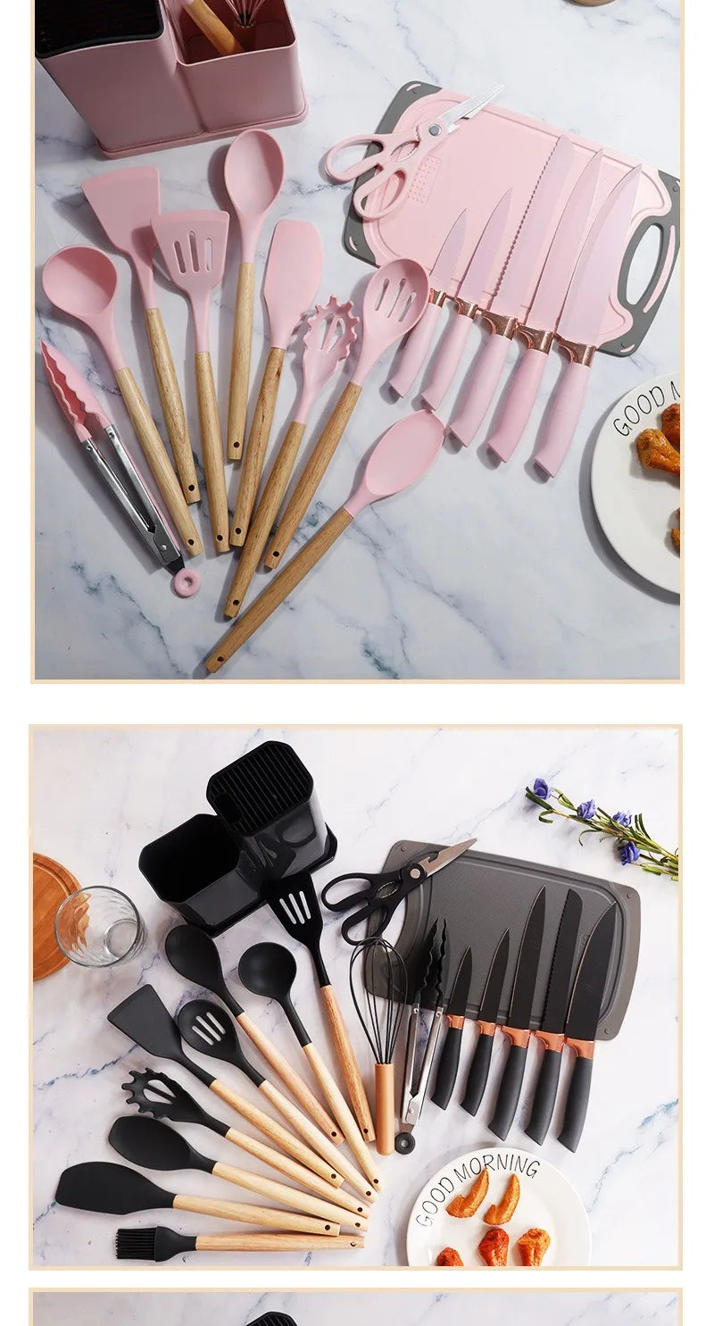 Silicone kitchenware set, 19-piece cooking wooden handle scoop, non-stick pan multi-functional integrated knife storage bucket