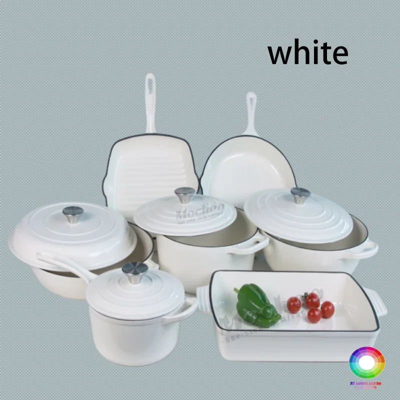 Customized Multi-functional Enamel Cast Iron Cookware Set Non-stick 7-piece Set Large-capacity Frying Pan Soup Pot Steak Pot Set