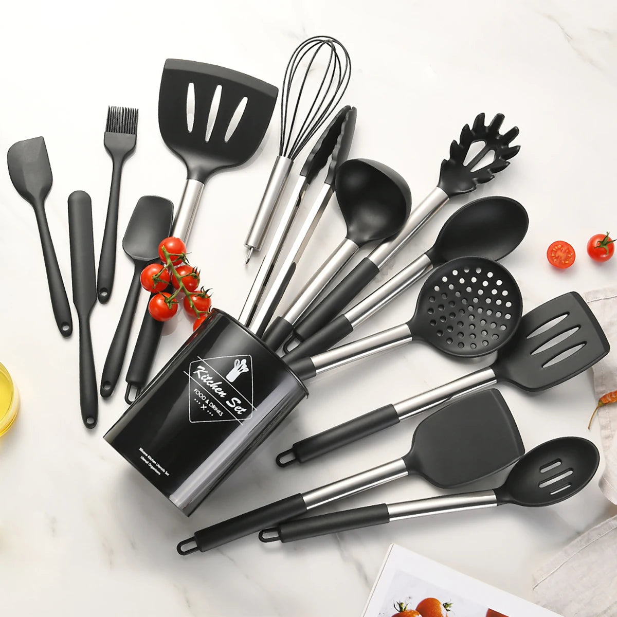15pcs Silicone Kitchenware Set Stainless Steel Handle Cooking Utensils Spatula Spoon Food Clip Kitchen Tool with Storage Bucket