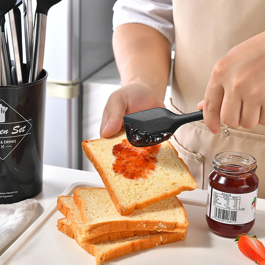 15pcs Silicone Kitchenware Set Stainless Steel Handle Cooking Utensils Spatula Spoon Food Clip Kitchen Tool with Storage Bucket