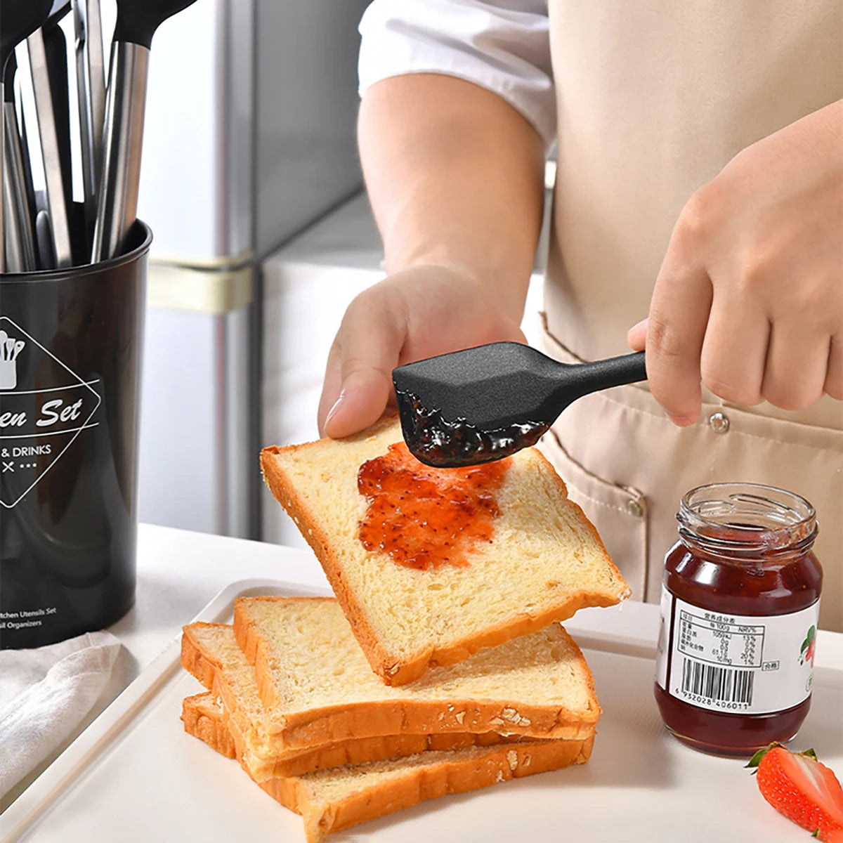 15pcs Silicone Kitchenware Set Stainless Steel Handle Cooking Utensils Spatula Spoon Food Clip Kitchen Tool with Storage Bucket