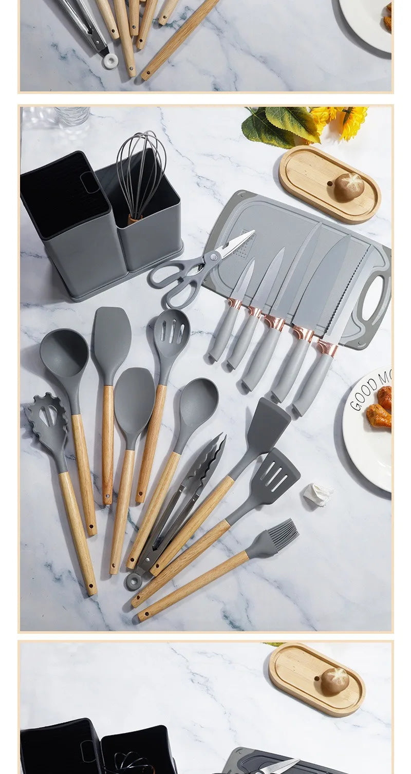 Silicone kitchenware set, 19-piece cooking wooden handle scoop, non-stick pan multi-functional integrated knife storage bucket